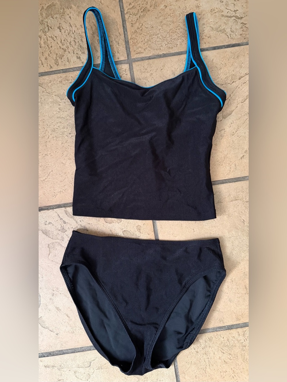 Cole Women’s High-Waisted High-Cut Tankini, Black W/Blue Trim, Size 8, NWOT